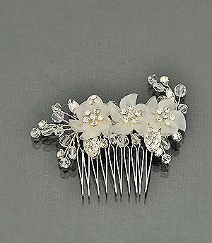 Bridal hair comb w/organza flowers, rhinestones and crystals