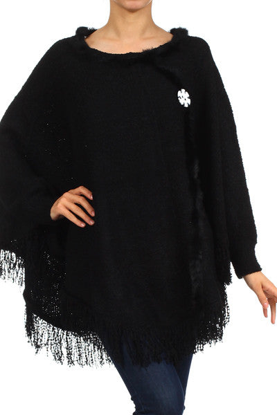 Crochet Knit/ Oversized Poncho with Asymetric Hem and Button Detail