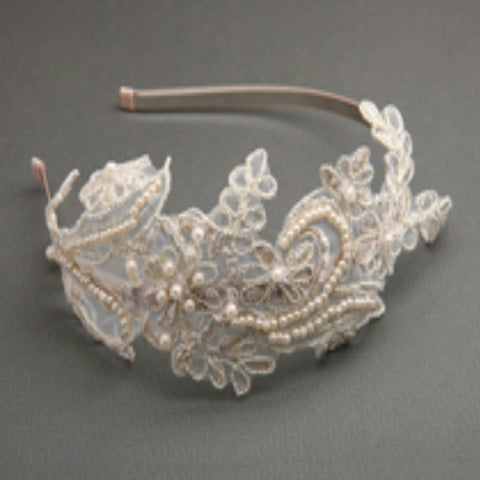 Vintage Champagne Lace Headband w/ Pearls and Sequins