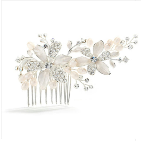 Brushed Silver Bridal  Comb W/ Rhinestones and Fresh Water Pearls